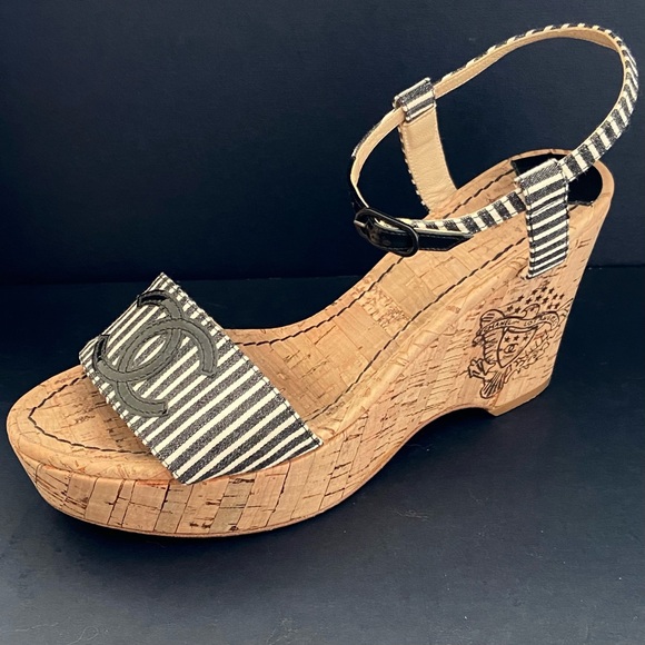 CHANEL Shoes - CHANEL Vintage Authentic Striped Fabric Platform Wedge Sandals w/ Cork Sole